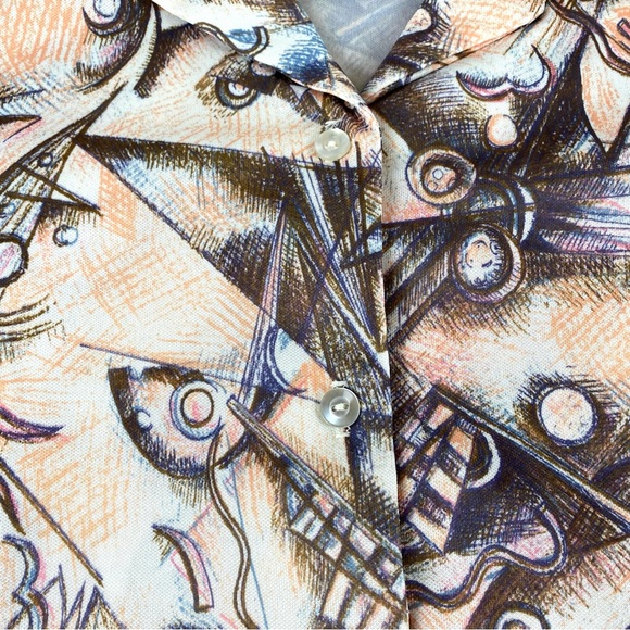 Vintage 70s Retro Abstract Print Polyester Button Down EUC - Picture 8 of 10